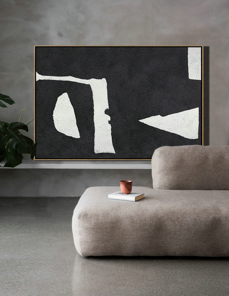 Large Wall Canvas,Hand Painted Oversized Horizontal Minimal Art On Canvas, Black And White Minimalist Painting - Modern Canvas Art